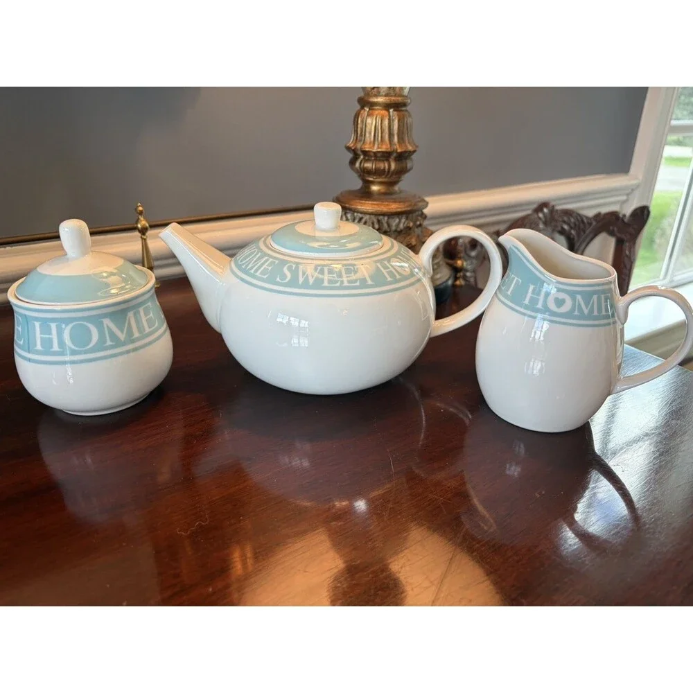 Waterside Fine China Blue and White Home Sweet Home Tea Set Vintage 3 Piece